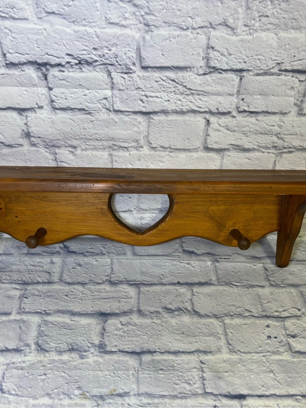 Vtg Handmade Wooden Heart Cutout Wall Shelf Cottage W/2 Pegs 28” Brown Farmhouse